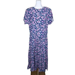 Vintage 90s Short Sleeve Maxi Dress Floral Womens Size 14 Blue Modest